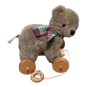 Applausse pull behind toy bear with tartan plaid scarf wheels faux fur